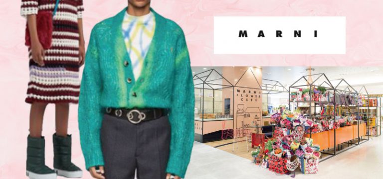 MARNIのアパレル商品を手前、その背景にはMARNI FLOWER CAFÉの画像を配置したMARNI のイメージ画像